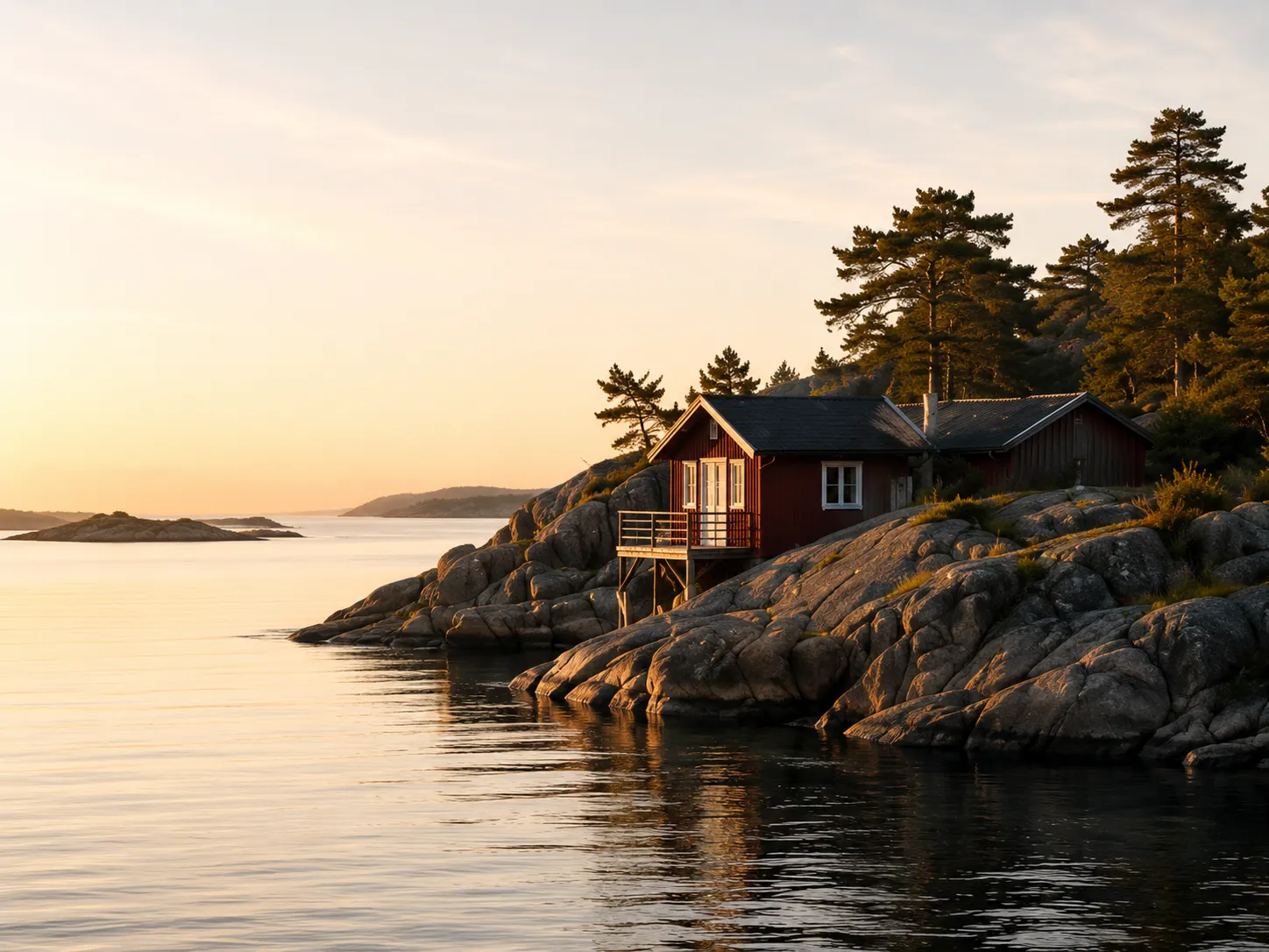 Röd stuga på klipporna vid havet i den svenska skärgården i kvällsljus